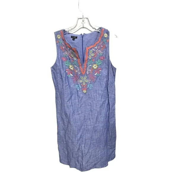 Talbots Embroidered Linen Cotton Chambray Shift Dress Size 2 Floral Embroidered - Picture 2 of 8